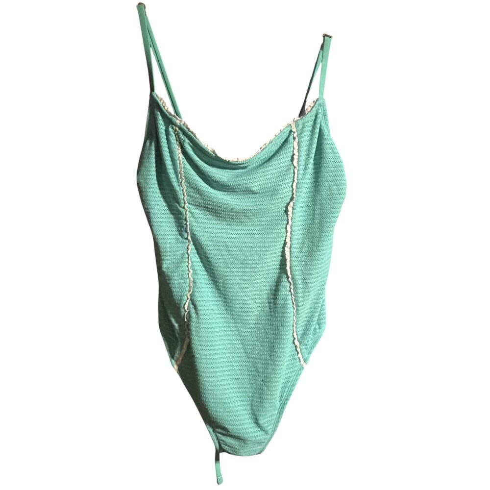 Shade & Shore Aqua Textured Lace High Leg One Piece Swimsuit Large